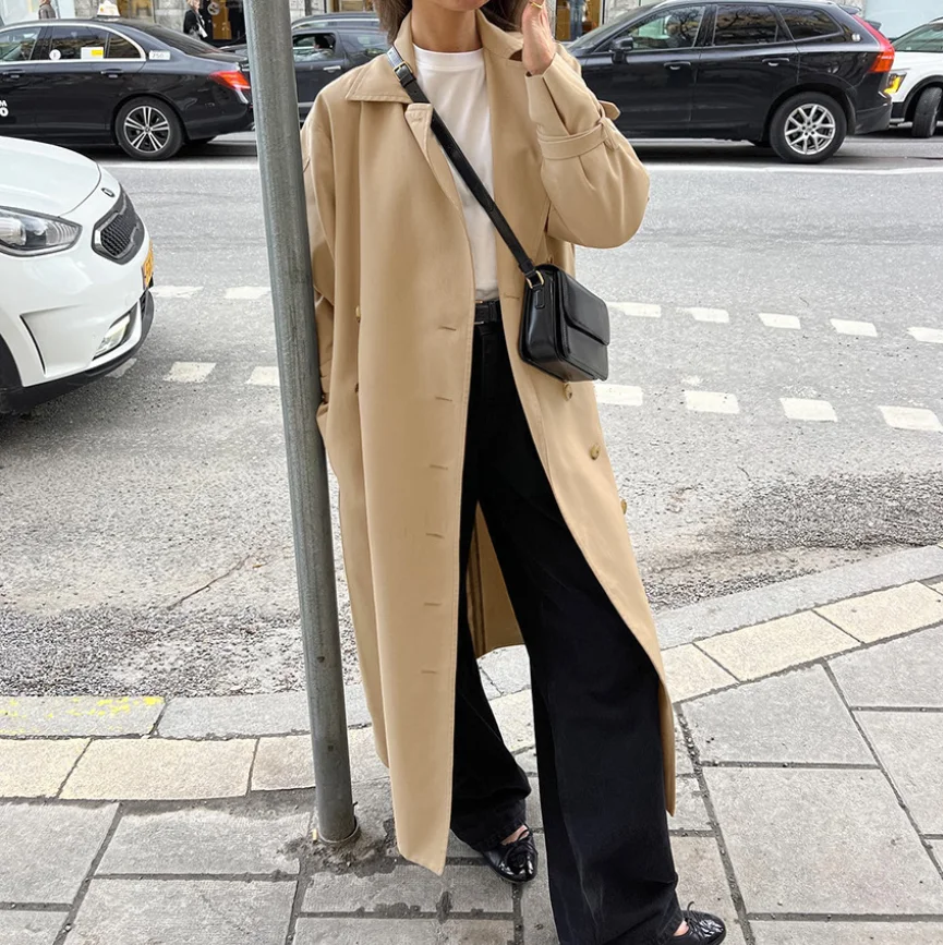French Long Khaki Double Breasted Trench Coat Jacket