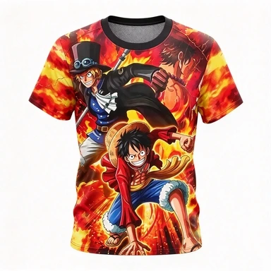 One Piece Luffy, Ace, Saab ASL, Three Brothers with Flame Backgrounds, Battle Prints, Anime, Casual Street Wear, Trendy Tops