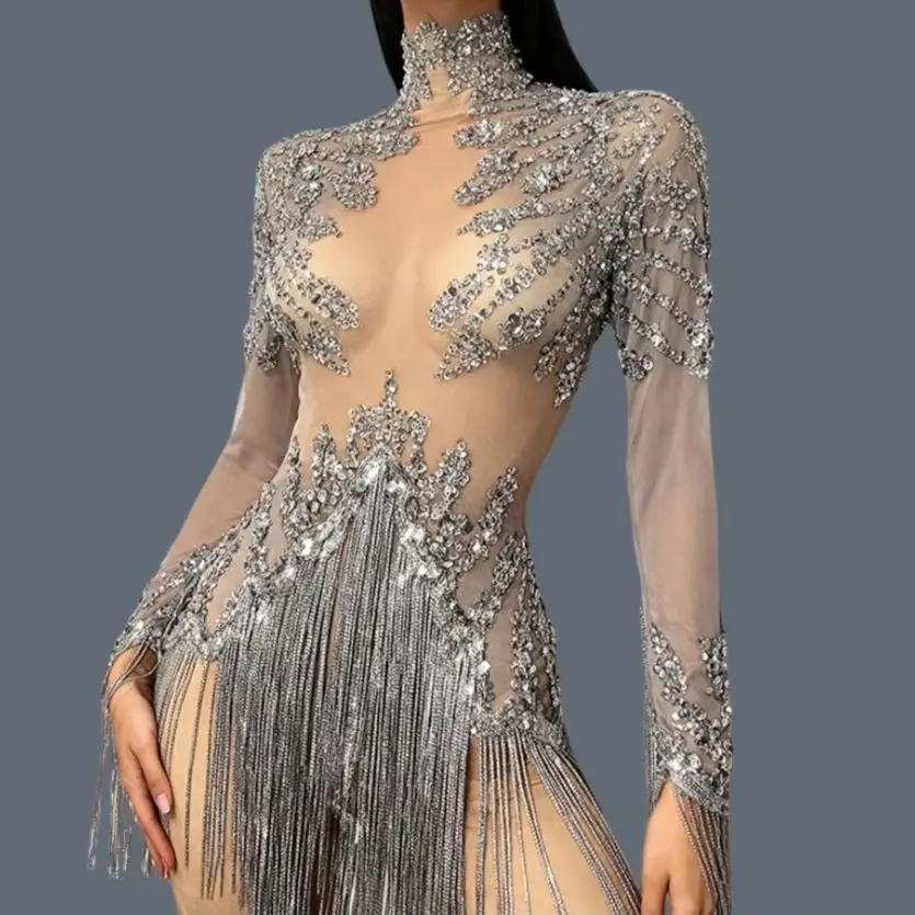 

Streamer Party Tassel Bodysuit Women Bar Drag Queen Performer Stage Wear Sexy Long Sleeves Costume Latin Dance Bodysuit Tangshui