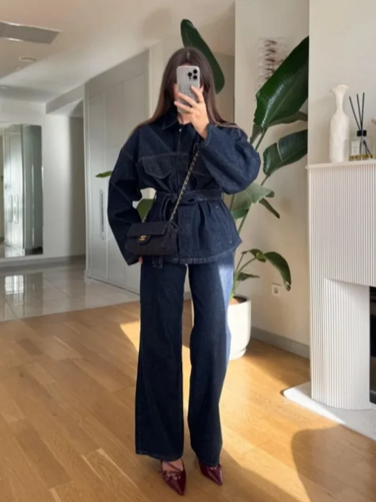 

Stylish Vintage Denim 2pcs Set Jacket Straight Leg Pants Belted Lapel Pocket Coats Women's 2025 Autumn Fashion Cool Women's Wear
