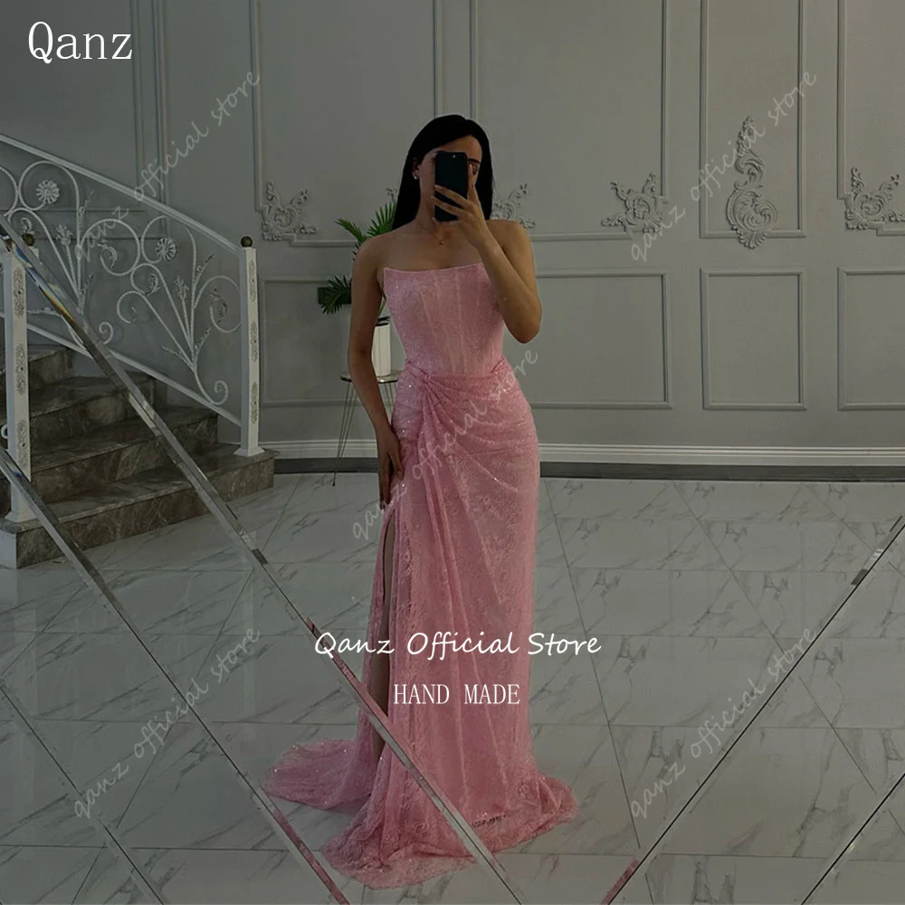

Qanz Luxury Evening Dress High Leg Slit Pink Lace Appliques Formal Dresses Woman Mermiad Glitter Robes De Soirée Customized