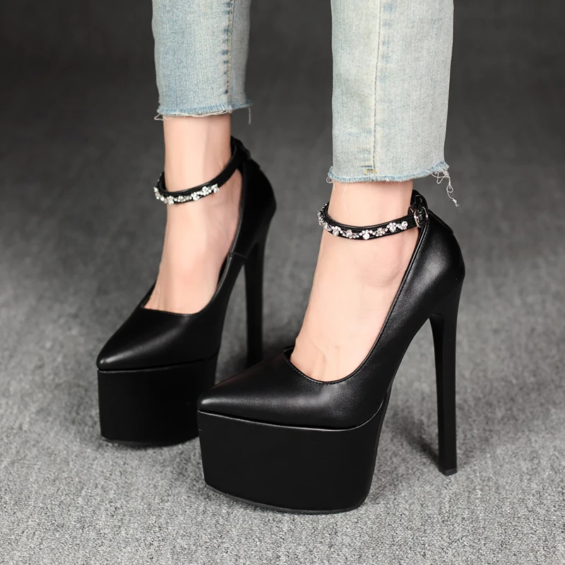 

Модные туфли на очень высоком каблуке со стразами и ремешком, модные туфли на платформе с острым носком и неглубоким носком