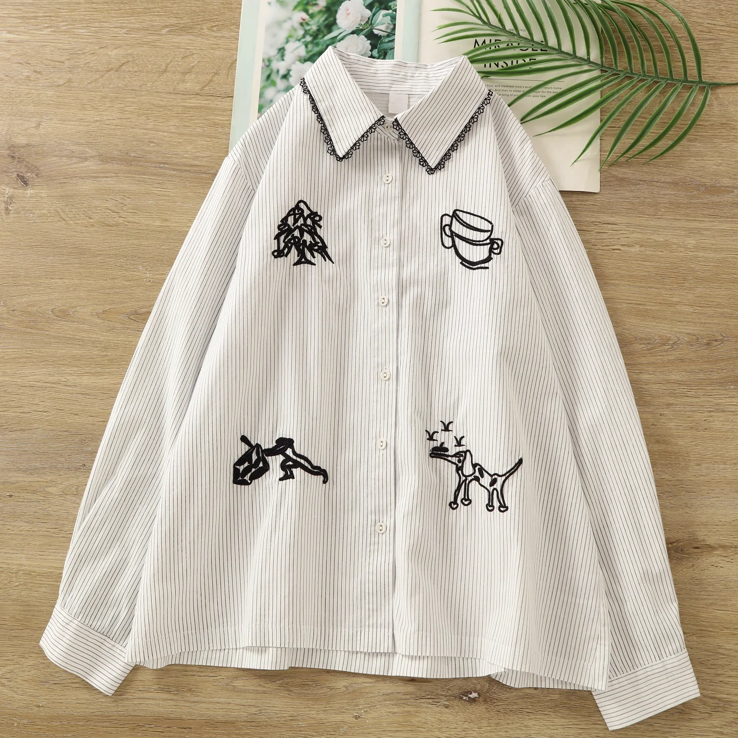 

Youth blouses 100% cotton autumn women's shirt Japan style cups embroider striped shirts long sleeve blouses ladies tops