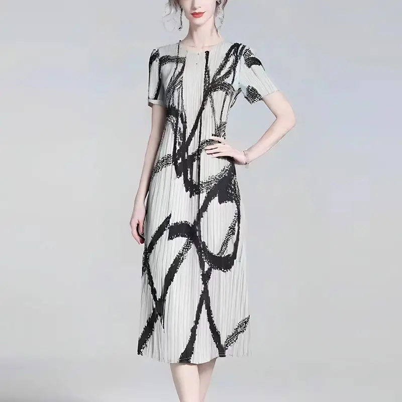 2025 Estate Nuovo Temperamento Gonna a pieghe oversize Moda donna Stampa O-Collo Manica corta Abito longuette Abito vintage da donna