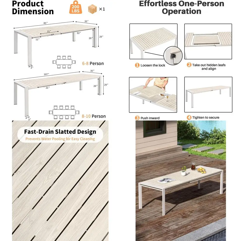 

Expandable Outdoor Dining Table for 6-10 People, 85-107 Large Rectangular Patio Table with Wood-Textured Top