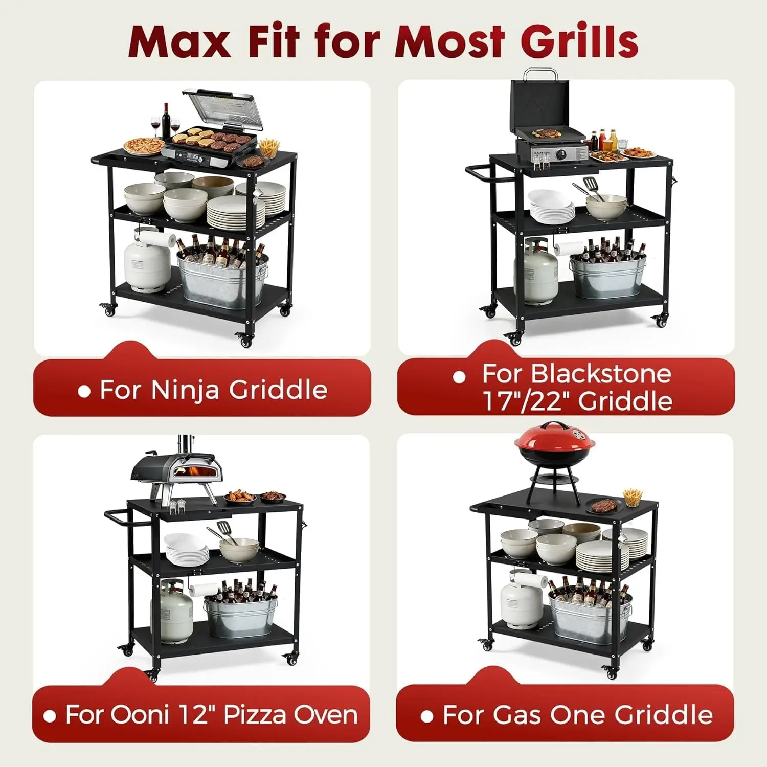 Multifunctional Grill Cart Table with 4 Lockable Casters, Hooks & Side Handle, Indoor Outdoor Pizza Oven Stand for Patio Kitchen