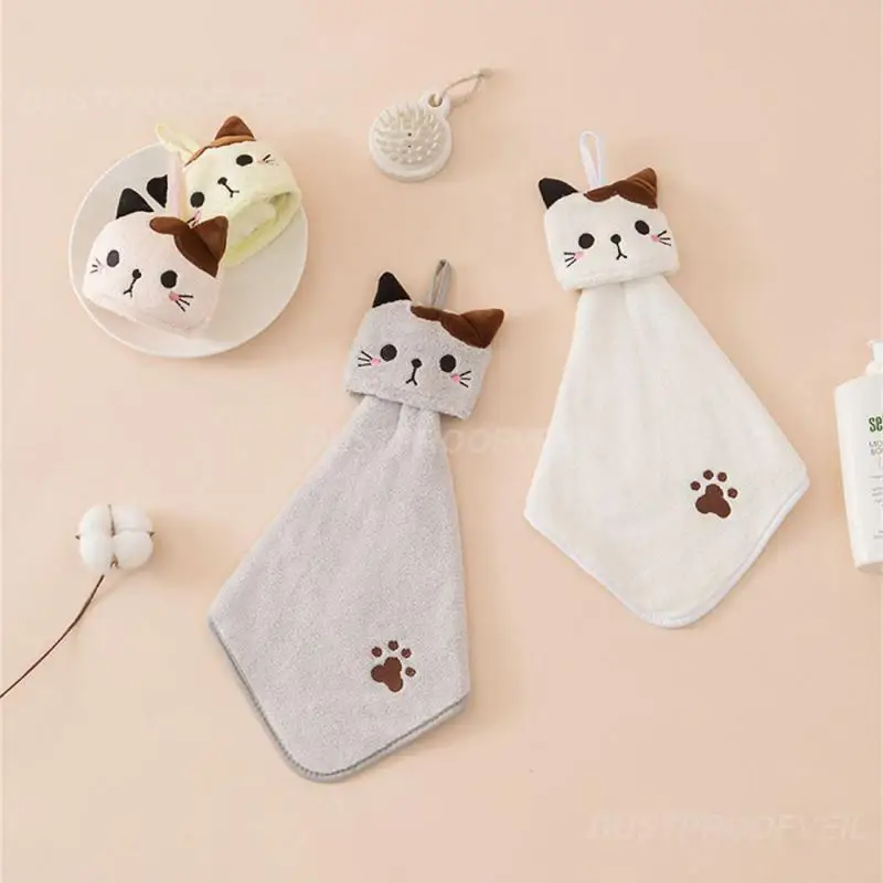 1 ~ 10 pezzi asciugamano per bambini assorbente appeso gatto ricamato spugna decorazione per la casa forniture per il bagno in pile corallo asciugamano da bagno