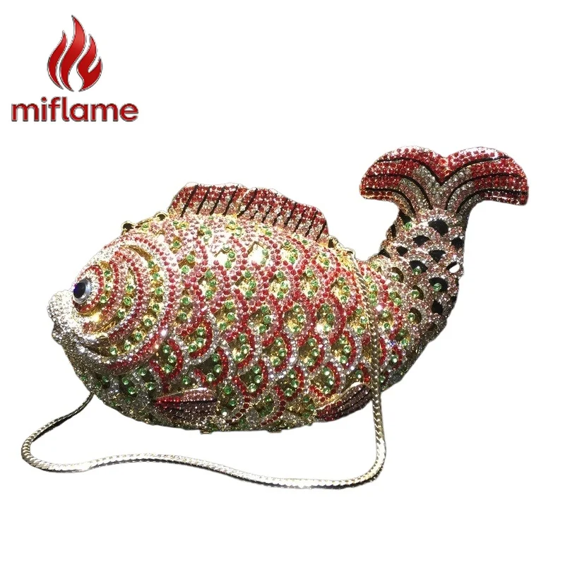 

Hand Encrusted Sparkly Evening Clutch Crystal Rhinestone Openwork Metal Purse Goldfish Design for Women Party Wedding