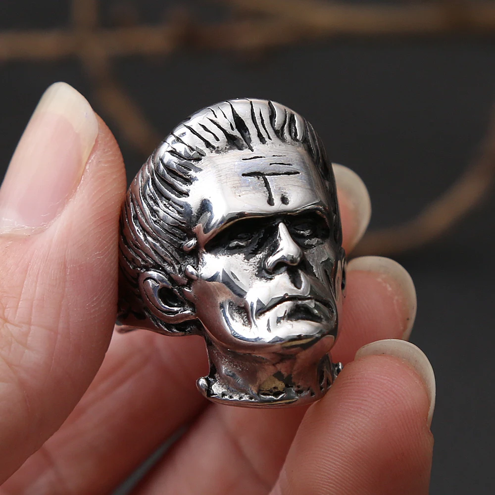 Science Fiction Goth Frankenstein Steel Rings For Men Punk Horror Scientist Biker Stainless Steel Skull Men Ring Fashion Jewelry