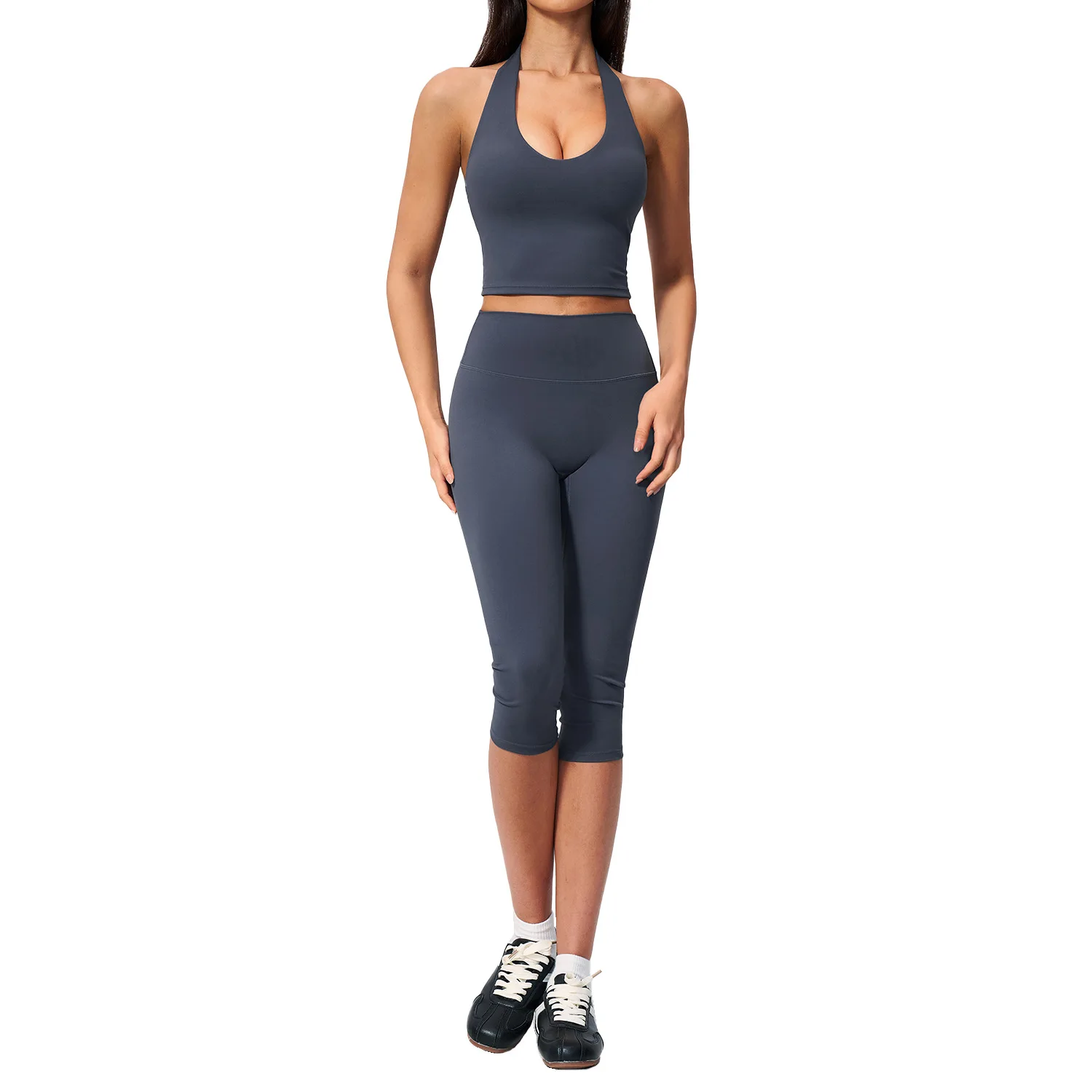 Gym Clothing Women Halter Yoga Tank Top Capri Leggings 2pcs Yoga Suit High Elastic Quick‑Dry Gym Running Training Sportswear