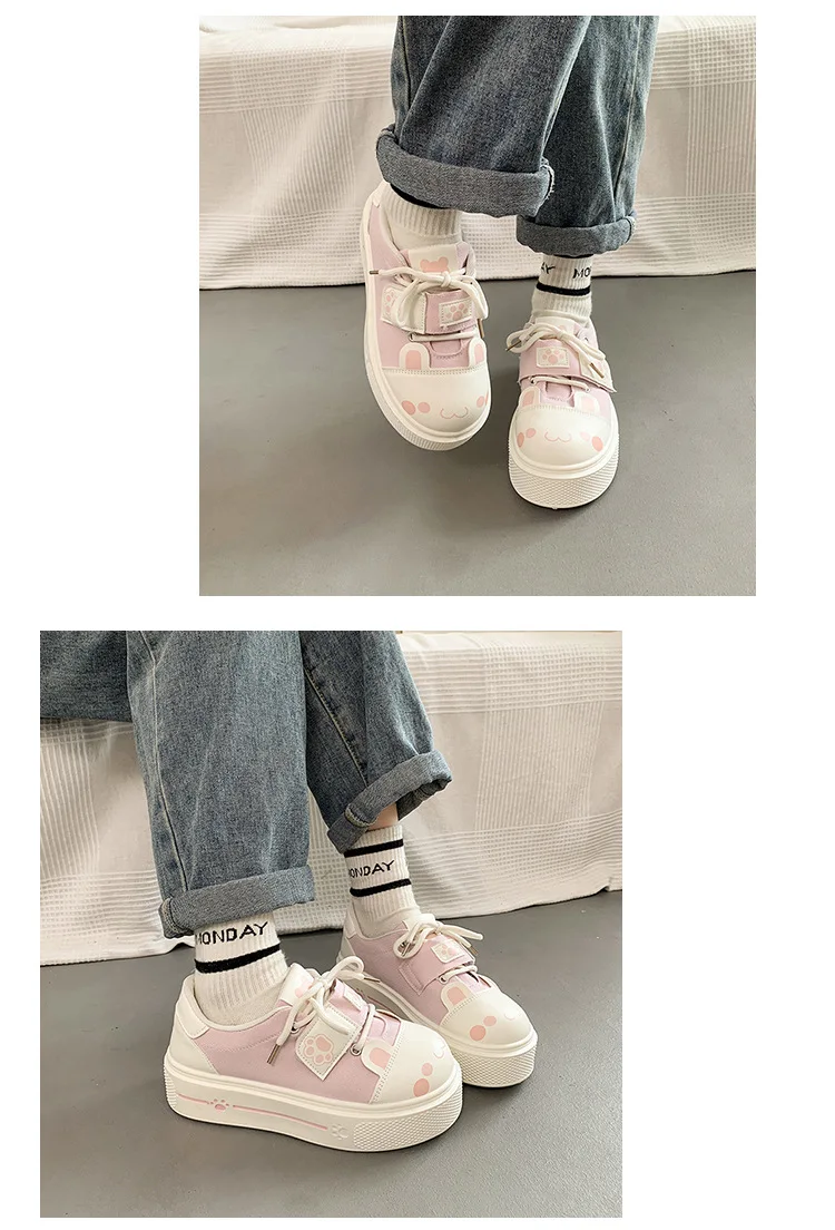 Kuschelige Katzenpfoten-Canvas-Schuhe, Schnür-Sneaker mit Kätzchen-Patchwork für Damen, Plateau-Schuhe aus Kunstleder, Lolita-Chunky-Trainer – Detail 10
