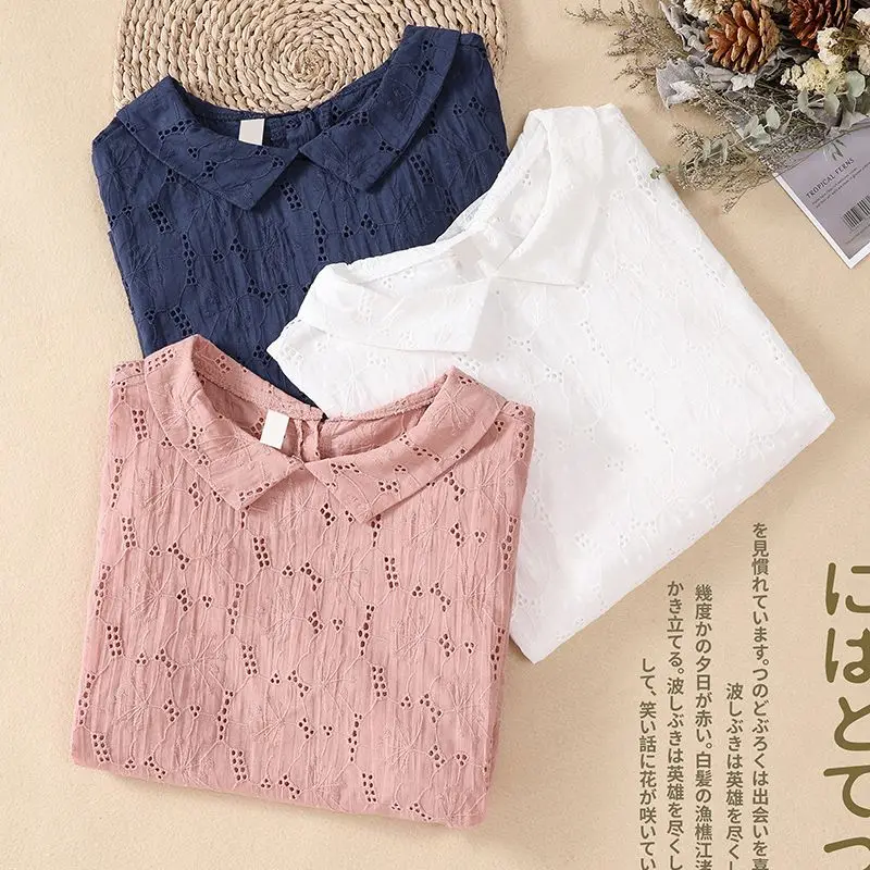 Korean Fashion Summer New Women\'s Peter Pan Collar Hollow Out Solid Color Jacquard Weave Sweet Loose Short Sleeve Shirts Tops