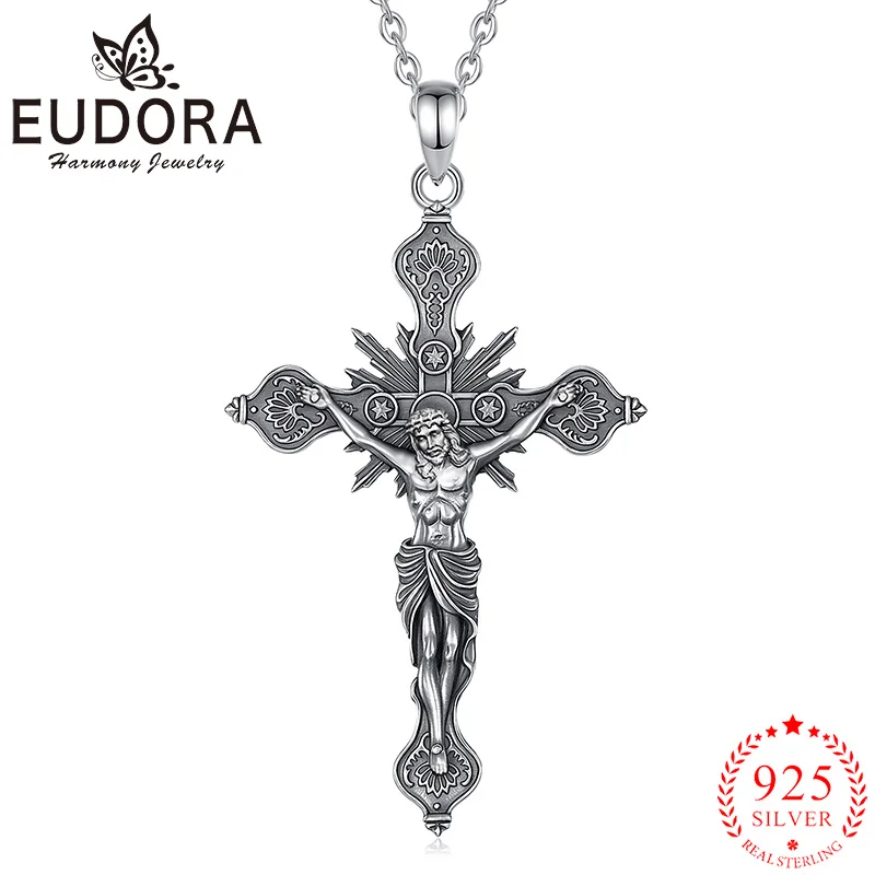 Eudora-collar con cruz de crucifijo para hombre y mujer, amuleto cristiano de Plata de Ley 925, colgante de Jesús, joyería espiritual, regalo