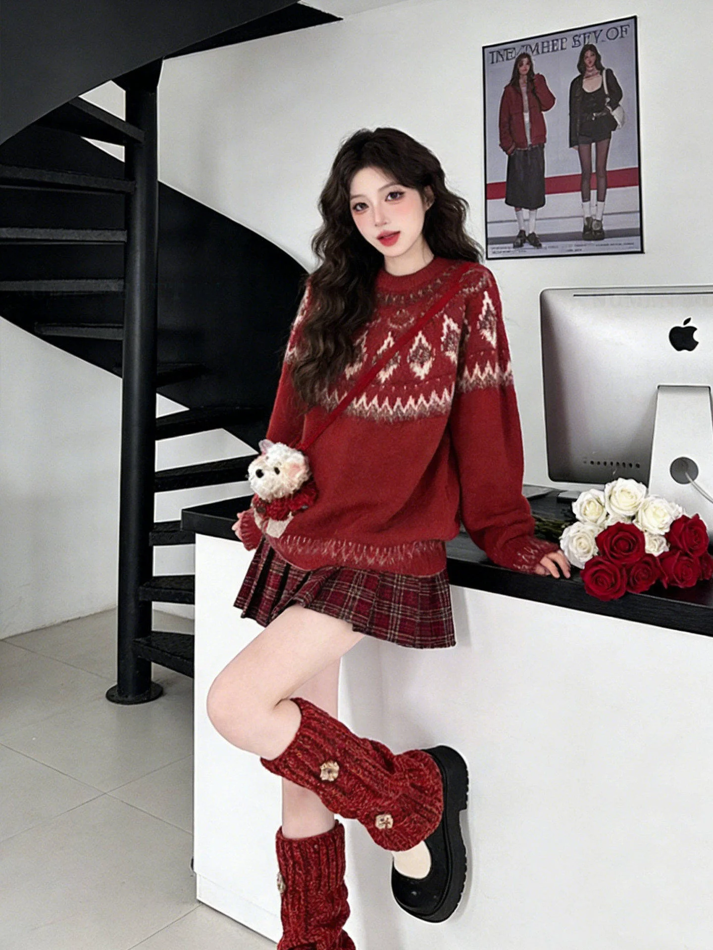 

Spring Anti-Aging New Year Fair Isle Knitted Sweater Red Set Dr Slimming Plaid Skirt Two-Piece Set Ele Casual Wear