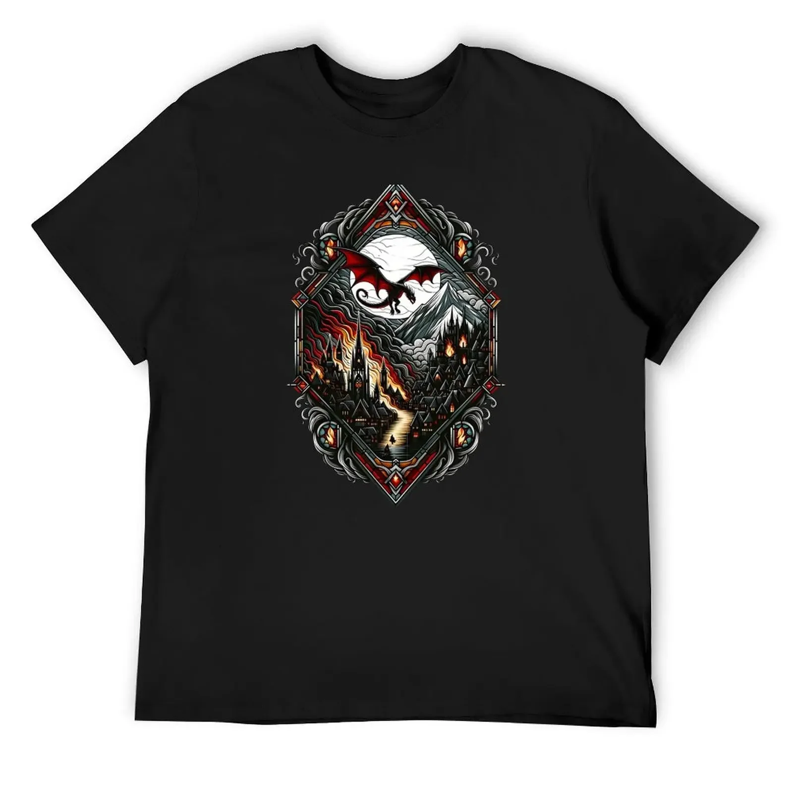 

The Dragon Attacks the Town by the Lake - Fantasy T-Shirt summer clothes man clothes plain black t shirts men