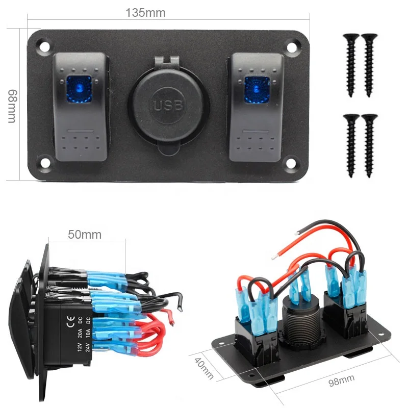 2 Gang Rocker Switch Panel with 4.2 Amp Dual USB Charger Waterproof 12V 24V DC Rocker Switch with Night Glow Stickers