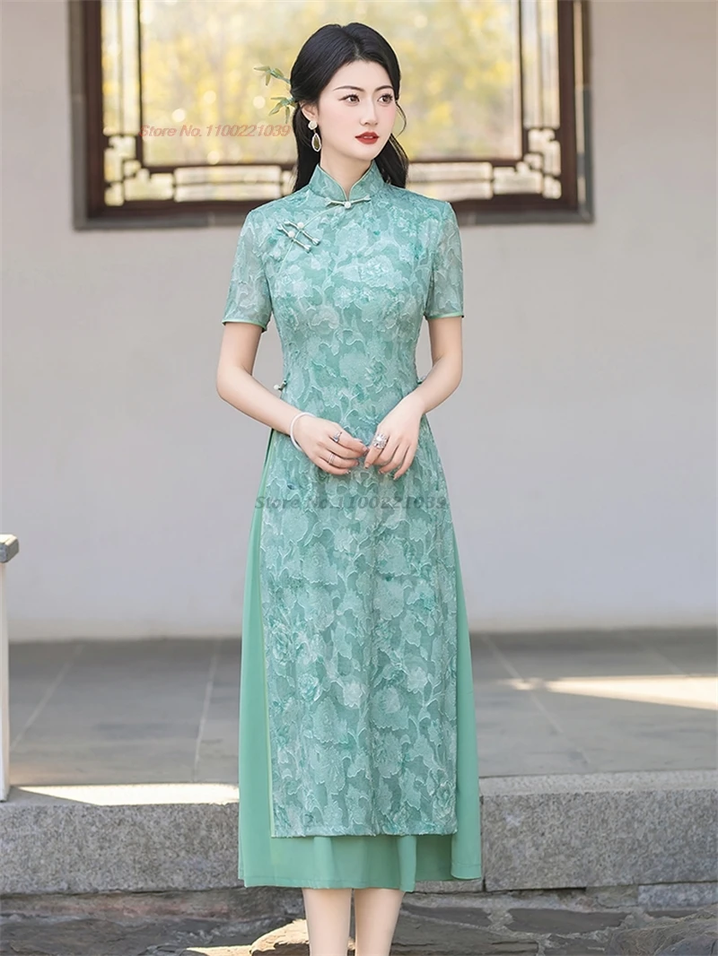 

2024 vietnam aodai dress improved cheongsam vietnam traditional dress national lace jacquard qipao dress banquet evening dress