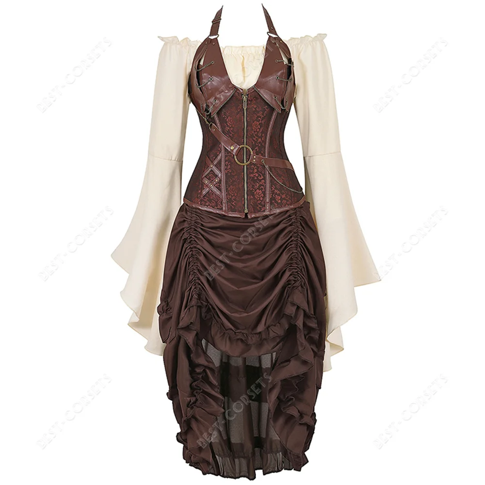 Sexy Pirate Corset Dress Skirt Plus Size Steampunk Corset Top Lace Up Off Shoulder Blouse Medieval Halloween Costume for Women