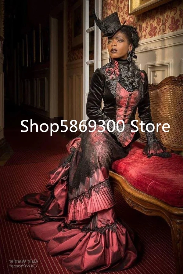 Black and Red Victorian Goth Prom Formal Dresses with Long Sleeve Lace-up Corset Dark Gothic  Bustle Evening Holloween Gown