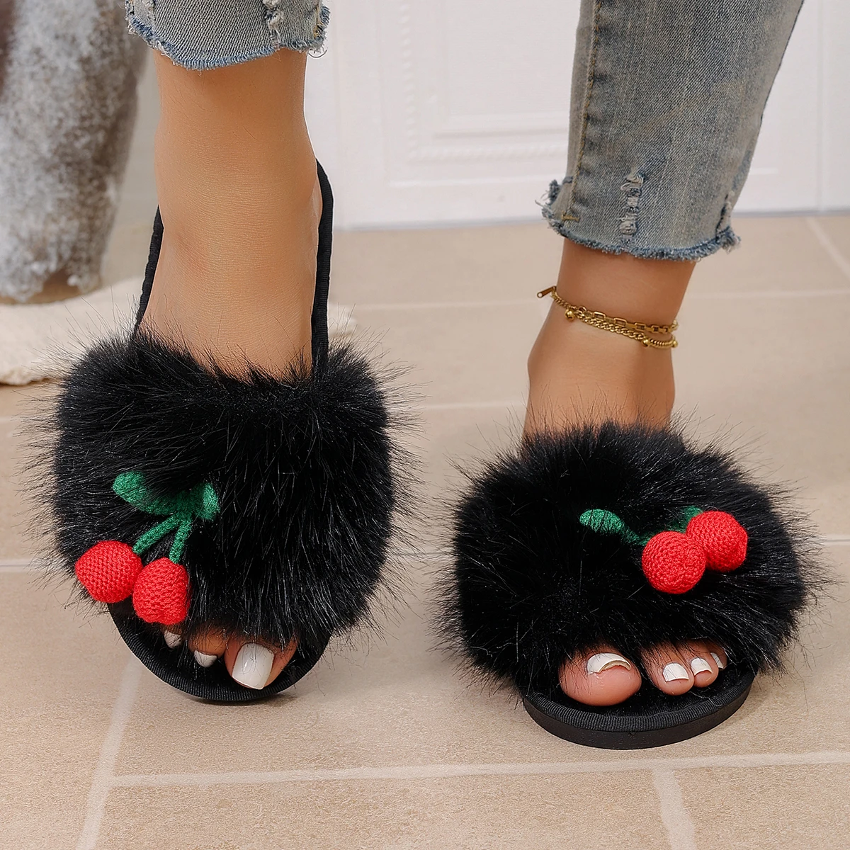 Winterliche Niedliche Kirsch-Hausschuhe für Damen, Flauschige Kirsch-Plüsch-Hausschuhe, Bequeme Schlafzimmer-Slipper für Damen, Neue Flache Slipper. – Detail 7