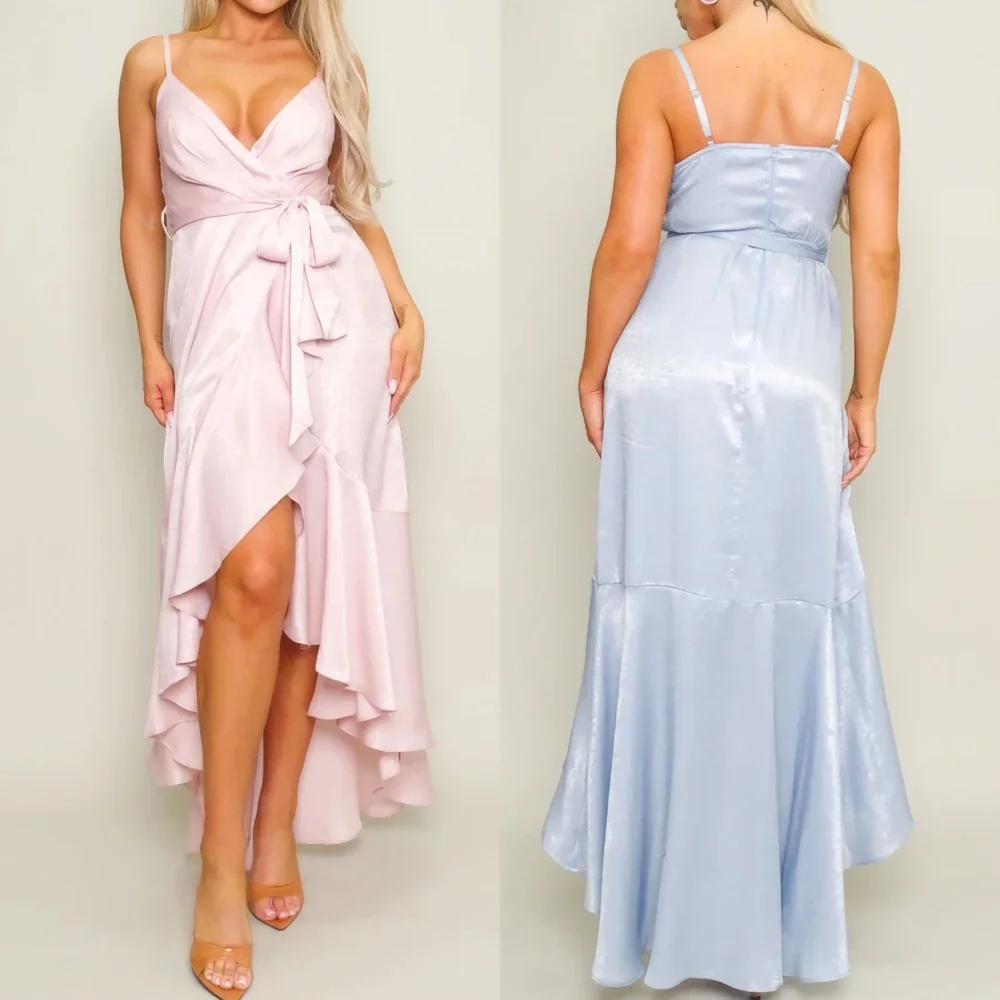

Customized Spaghetti Strap Deep V Ruffled Wrap Midi Dress A-Line Evening Dresses Exquisite High Quality Prom Party Gowns Women