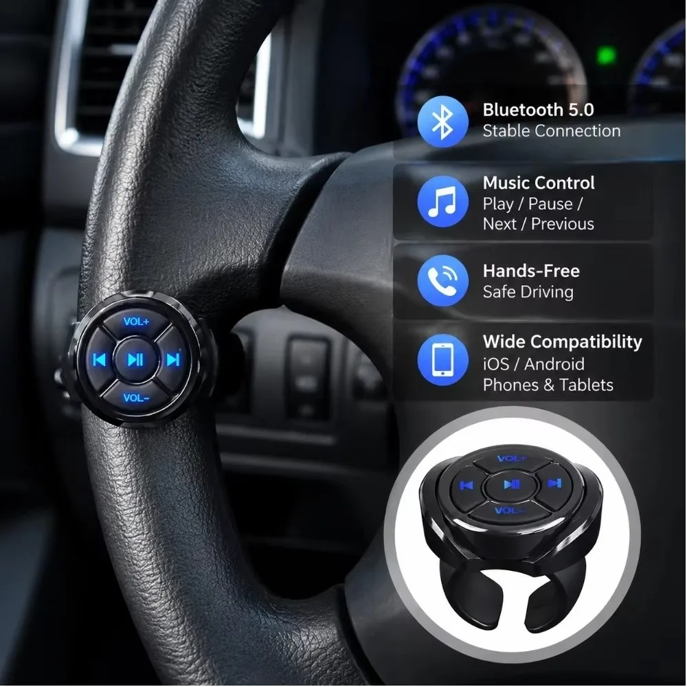 BT5.0 Wireless Media Button Mini Size Wireless Connectivity Steering Wheel Remote Multimedia Function for Android iOS Devices