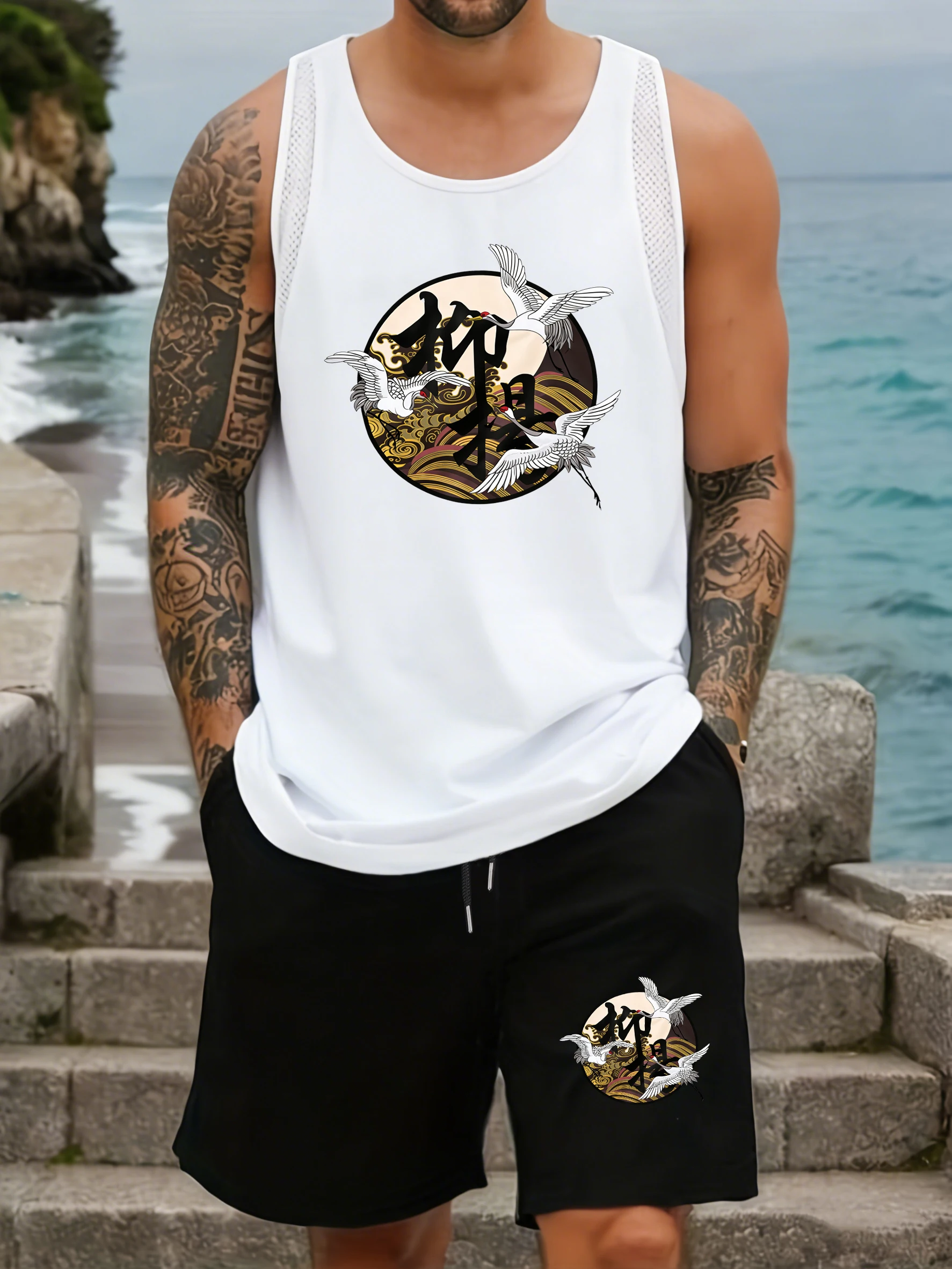 

Japanese Harajuku Crane Print Vest Suit Man Sleeveless O-Neck Mesh Tank Tops Summer Breathable Sportswear Wide-Leg Pocket Shorts