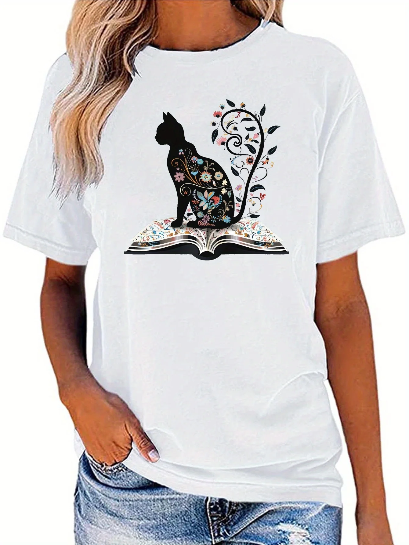 

Футболка с круглым вырезом и принтом кошки и книги, повседневный топ с коротким рукавом для весны и лета, женская одежда