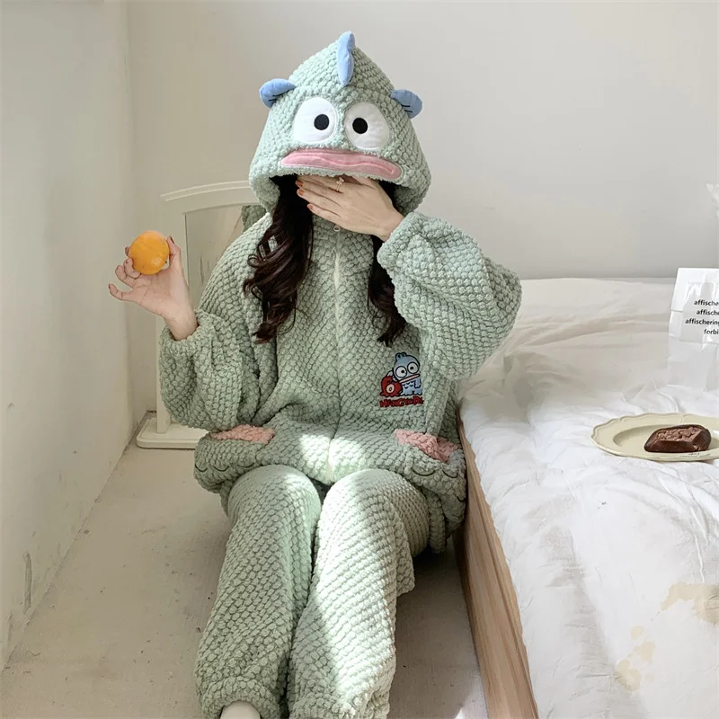 Sanrio winter Hanton ugly fish cute funny warm pajamas female cartoon thickened coral fleece hooded cardigan loungewear set