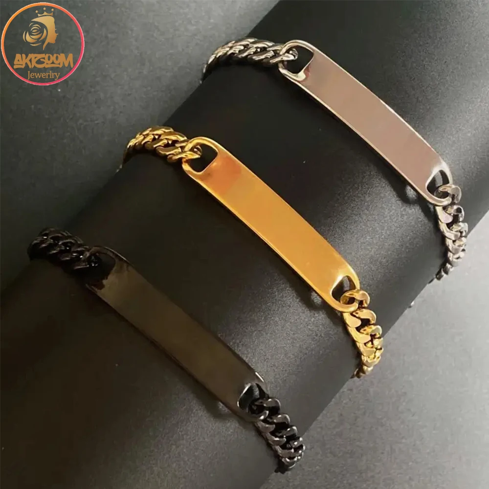 Akizoom Gold Color Punk Man Bracelets Stainless Steel Blank Bar Thick Cuban Chain For Women Father Couple Jewelry Birthday Gift