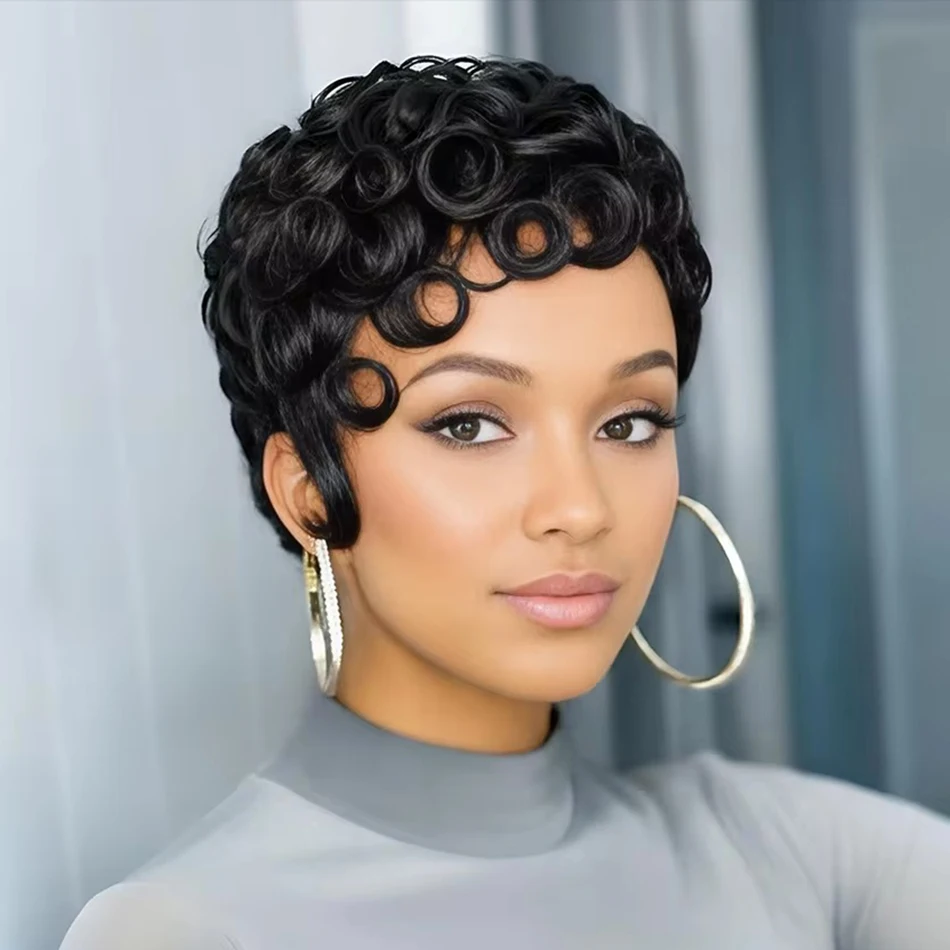 

Curly Pixie Wig for Women Black Layered Short Pixie Cut Human Hair Wigs Glueless Brazilian Pixie Curl Short Curly Human Hair Wig