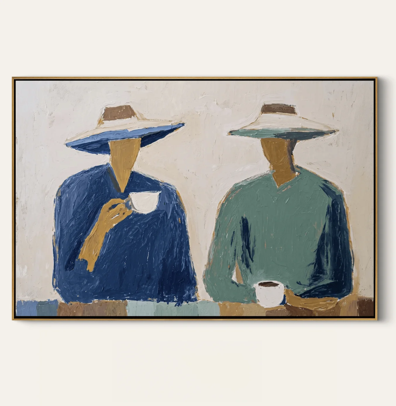 The Coffee Hour Two Faceless Folk Portraits Wide-Brim Hats Wall Art Canvas Prints Decor Minimalist Horizontal Living Room Art