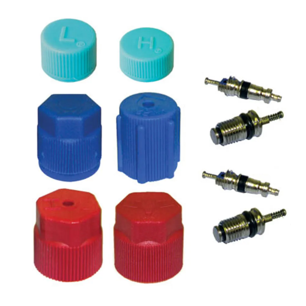 Replacement A/C Cap and Valve Core Kit Containing 10-Piece Seal Set for Standard Automotive Air Conditioning Systems