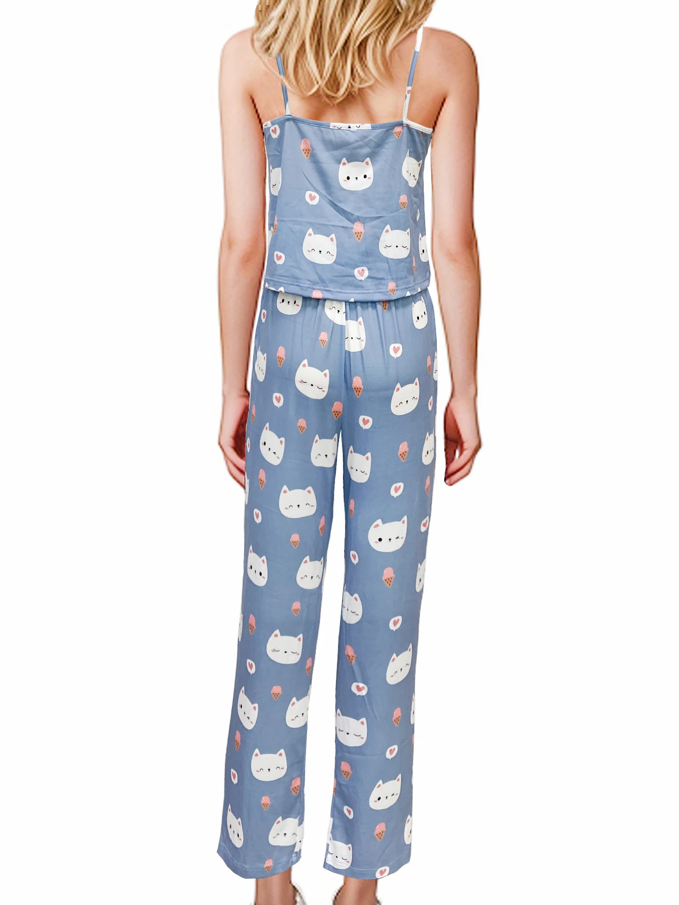 Allover Prints Cartoon Cat Women Pajamas Set Summmer Sleepwear Sleeveless Spaghetti Strap Top & Pants Grey Blue Cute Casual