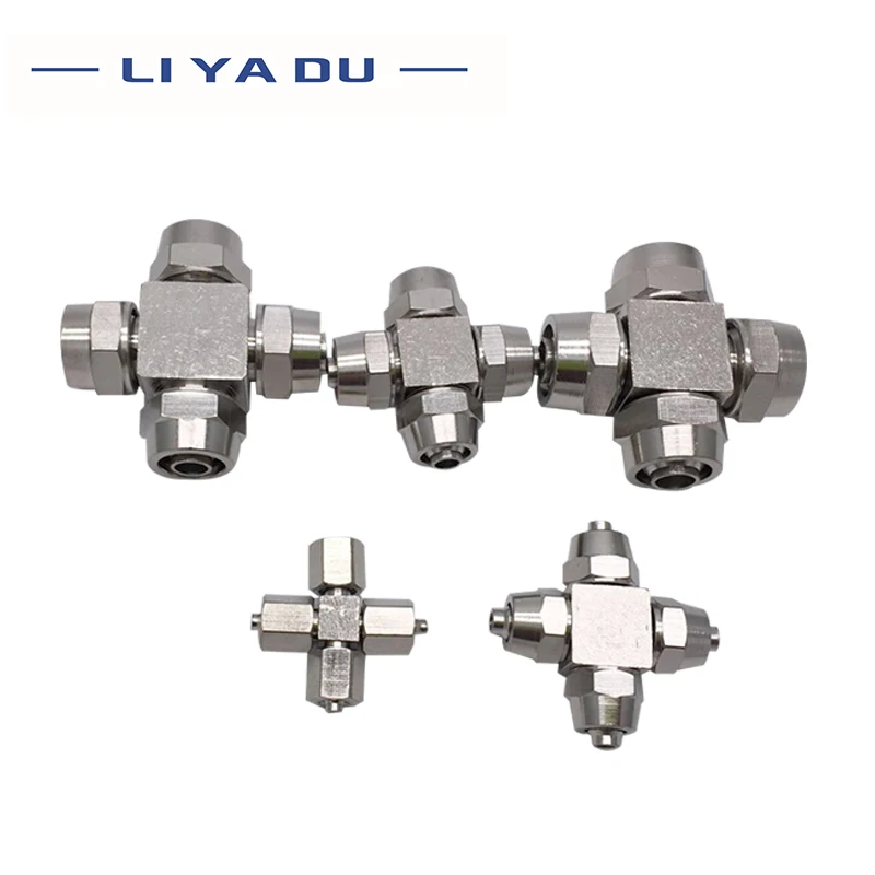 1PCS PZA Copper Plated Nickel Pneumatic Air Quick Connector For Fast Joint OD 4 6 8 10 12MM Cross Type 4 Ways Tube Fitting