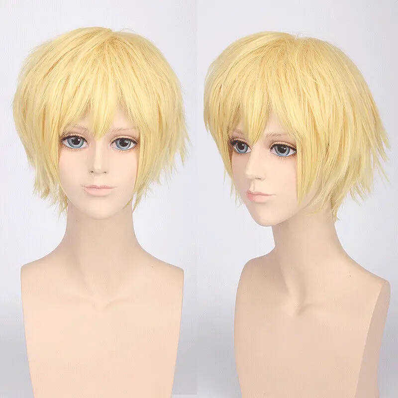 28cm Short Golden Blonde Wave Straight Cosplay Wig Costume Party Full Hair Wigs