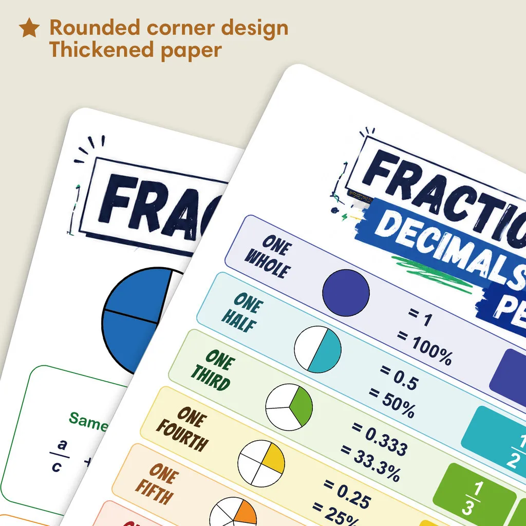 Math Fraction Educational Poster for Kids Fractions Operations, Conversion, Comparison, Decimals and Percentages Learning Charts