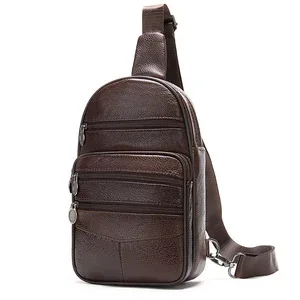 

Genuine Leather Men's Chest Bag Dedicated Crossbody Pack with 3 Front Zip Pockets for Trip Sports Motorbike Casual Party Office