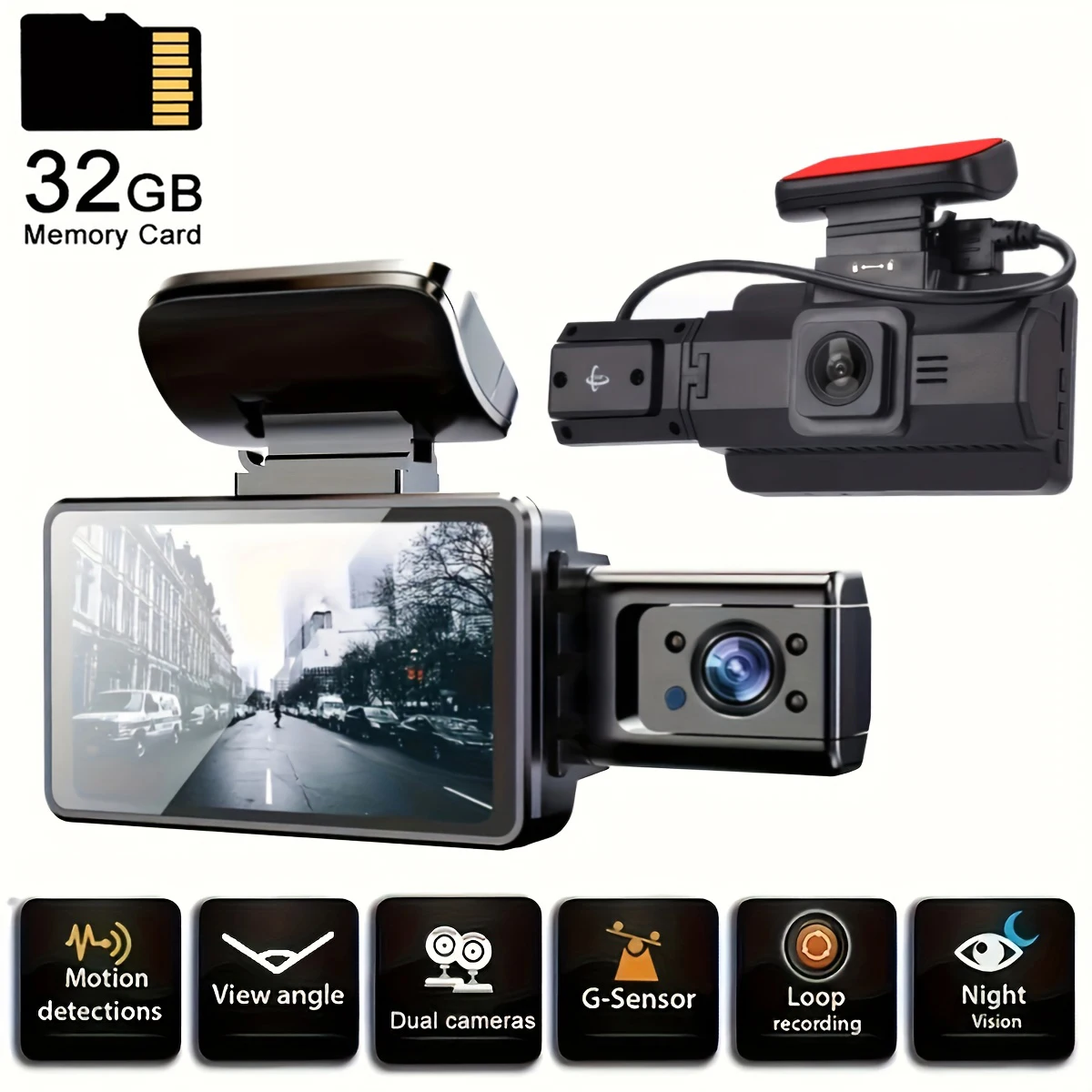 Dash Cam Wide Angle Car Camera with 32G Memory Card, HD Car Camera with Ring Recording, Night Vision Car Recorder