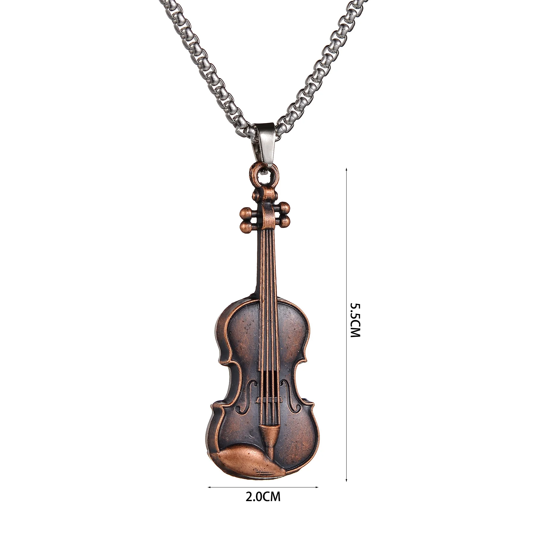 Men\'s Women\'s Bronze Violin Necklace Hip Hop Music Style Stainless Steel Chain Guitar Pendant Jewelry