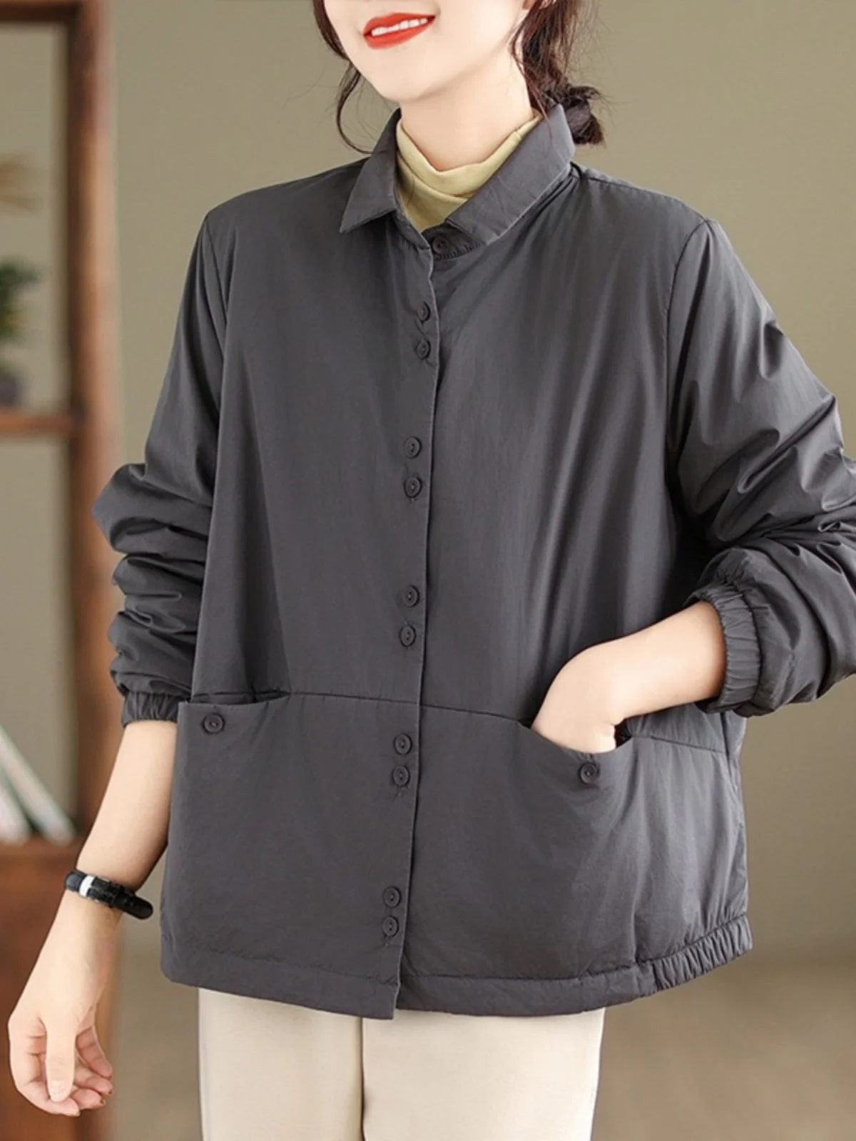 Thiened Cotton irt Sle レディース Jaet 暖かいレトロシングルボタンコットン衣類アウターウェアピュアカラー通勤 Sle