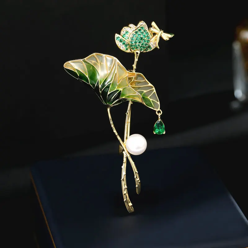 

Vintage Chinese Style Cheongsam Hanfu Dress Accessories Brooch Oil Drop Freshwater Pearl Zircon Inlaid Lotus Leaf Lotus Flower B