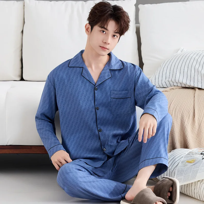 Men's Pajamas Spring and Autumn Long Sleeved Pants Cardigan with Loose Collar for Casual Sleepwear Home Wear Nightwear 2PCS/Set