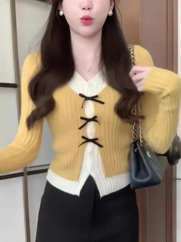 컬러 블로 V넥 니트 가디건 여성용 겨울 스웨터 매듭 허리 조임 탑