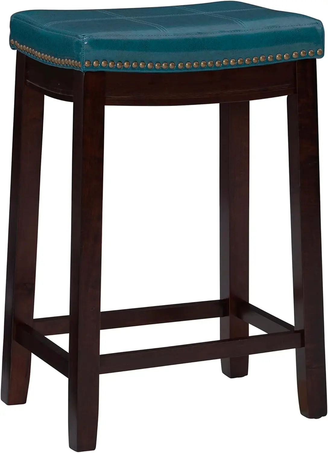 

Синий табурет без спинки с коричневой отделкой из дерева и латунной отделкой — высота сиденья 26,5 дюйма