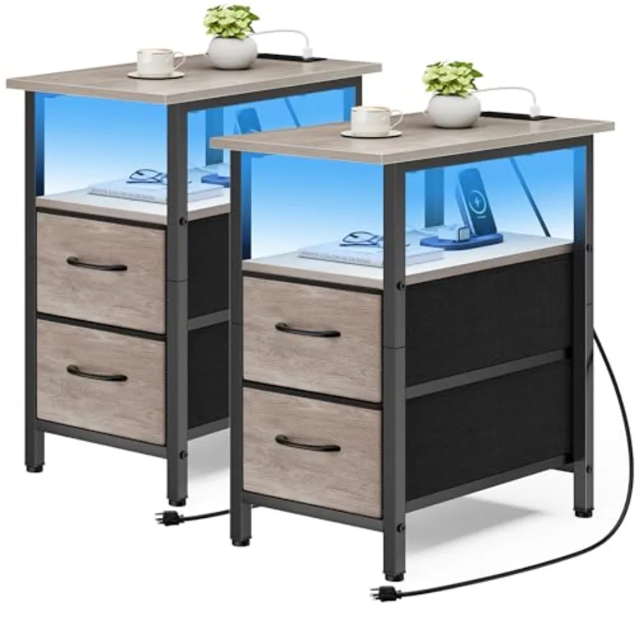 Set of Nightstand with Charging Station and LED Lights Narrow Side Table LED Night Stand with Fabric Drawers Bedside Table Smal