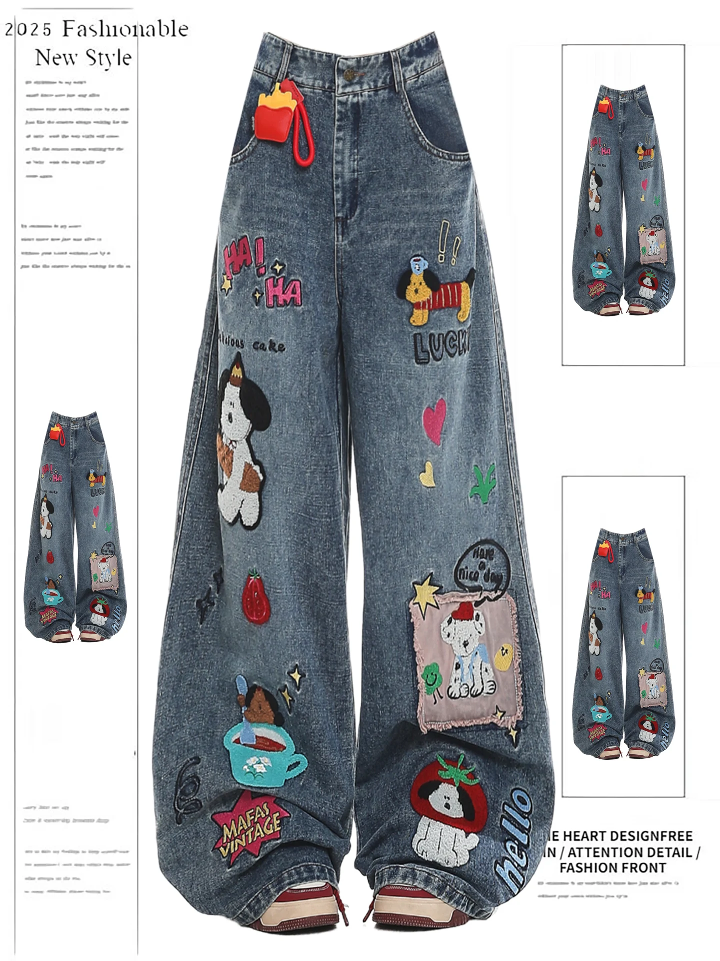 

American Style Cartoon Patchwork Embroidered Loose Wide Leg Jeans Women's Autumn New Lazy Style Drapey Loose Long Pants