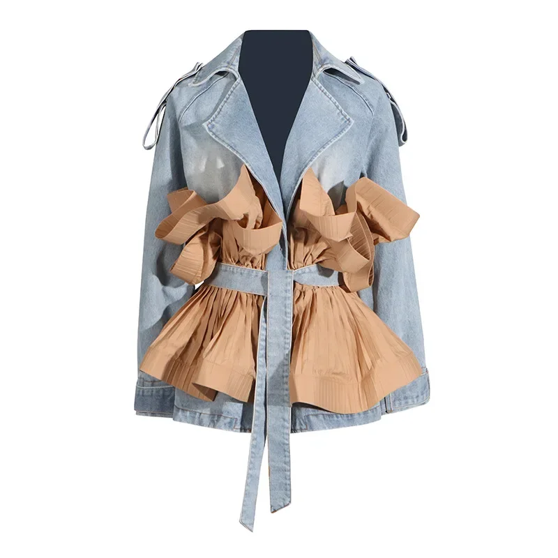 Women Turn Down Collar Contrast Color Ruffles Folds Coat Denim Coat Ruched Lotus Jeans Jacket Straps Belted Cardigan Tops 2024