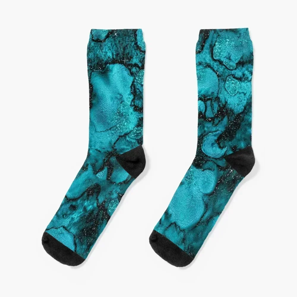 

Indigo Malachite Faux Marble and Black Glitter Socks hiphop funny gift bright garter Wholesale Socks For Men Women's