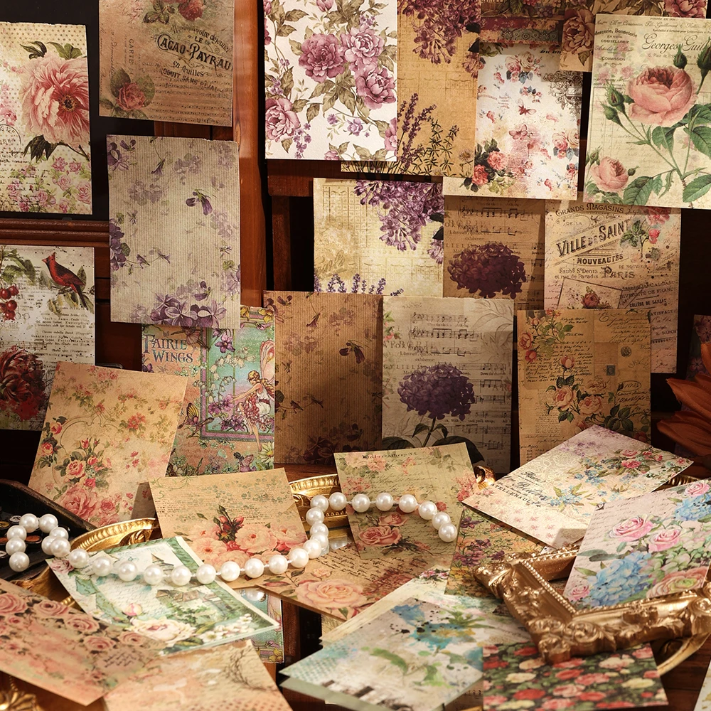 100 sheets Vintage Floral Non-sticky Scrapbook Paper 2 Materials With 50 Different Patterns Decorative Background Kraft Paper